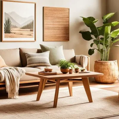 an image of a cozy living room featuring eco-friendly home decor