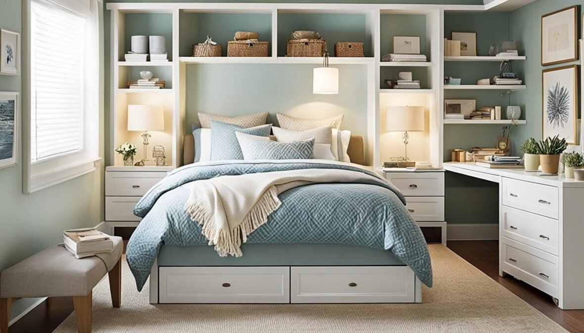 Show a small room organisation with clever organization solutions such as under-bed storage