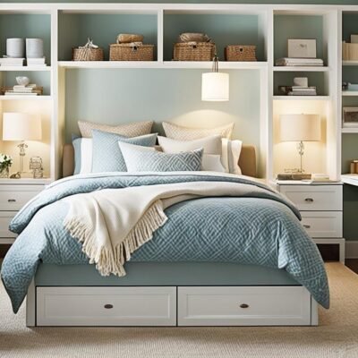 Show a small room organisation with clever organization solutions such as under-bed storage